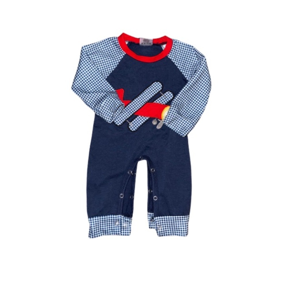 ☀️FREE WHEN BUNDLED-Appliqué Smock Boutique Navy and Red Baby Romper Airplane
